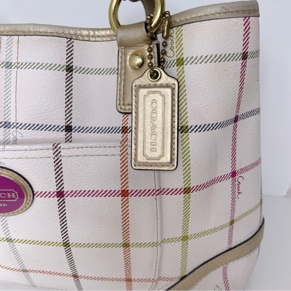 Coach F19176 Peyton Tattersall Plaid Satchel Tote Coated Canvas Ivory Multi H013 - Picture 4 of 16